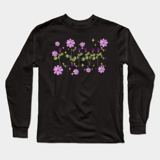 Love pink  roses on stems with gems and purple flowers black bg Long Sleeve T-Shirt